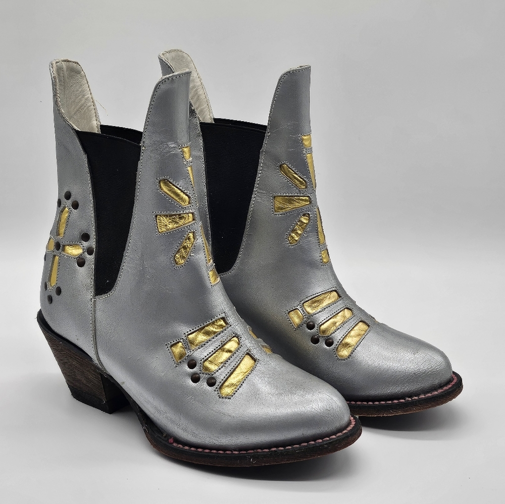 APRIL, MAY LEATHER Cowboy Silver -Gold Details Boots NEVER USED